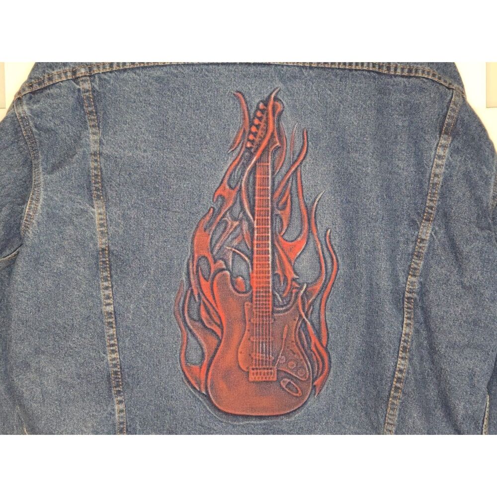 Vintage TYCA Denim Jacket USA Embossed Guitar Back IAMAW Union 90s Mens Large - Picture 3 of 9